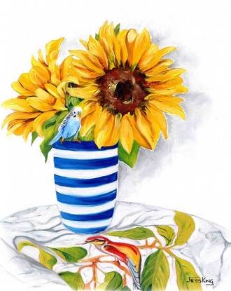 Gorgeous still life painting of sunflowers in a beautiful classic Hampton’s style vase with a tiny budgie peering down at the bird on the table cloth by Jess King.