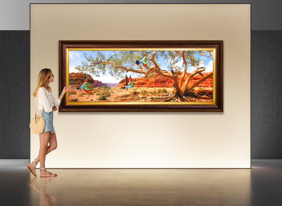 Three Rainbow Bee Eaters  in sharp detail flying the branches of a Ghost Gum. The entire background tree and landscape has been painted out of focus to create a modern composition just as our eyes would see it.