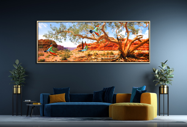 Three Rainbow Bee Eaters  in sharp detail flying the branches of a Ghost Gum. The entire background tree and landscape has been painted out of focus to create a modern composition just as our eyes would see it.