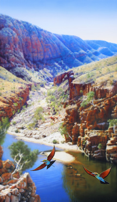 Ormiston Gorges  valley floor is painted slightly out of focus giving a contemporary look against the sharp detail of the flying Bee Eaters. Dramatic red and orange cliff face with a pool of cool water in the valley floor looking out to the blue and purple distant cliff faces,