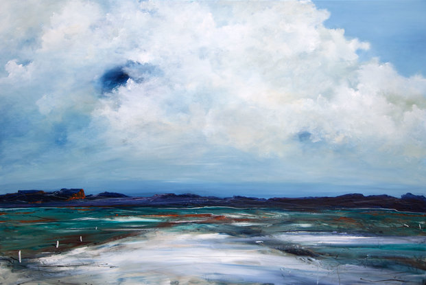 Abstract seascape in grey blue  and teal with mountain range in the horizon under a dramatic cloudy sky.