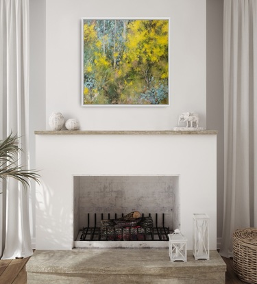 Impressionistic abstract landscape interior with forest floor, gum tree saplings and wattle blossoms. Australian artist Victoria Collins.