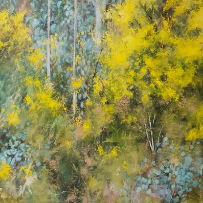 Impressionistic abstract landscape interior with forest floor, gum tree saplings and wattle blossoms. Australian artist Victoria Collins.