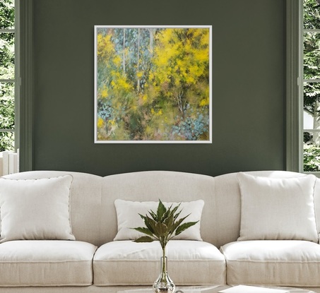 Impressionistic abstract landscape interior with forest floor, gum tree saplings and wattle blossoms. Australian artist Victoria Collins.