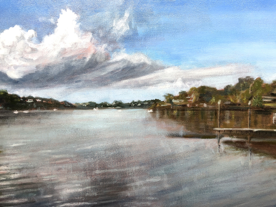 Riverside, landscape painting with the sky and clouds.