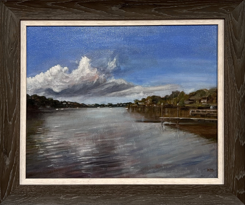 Riverside, landscape painting with the sky and clouds.