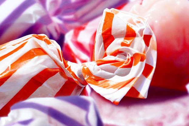 An orange stripped  candy in a pile of purple and orange candies enlarges 1000 times real size. impactful/Bright. lollies wrapped in colourful stripped paper.