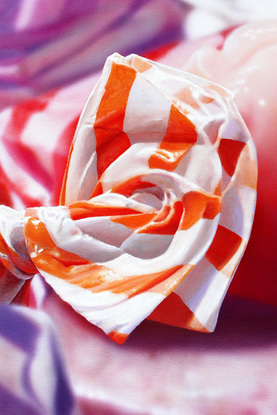 An orange stripped  candy in a pile of purple and orange candies enlarges 1000 times real size. impactful/Bright. lollies wrapped in colourful stripped paper.