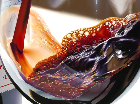 A painting of a large  wine bottle of Penfolds Grange . Created in hyper realism /andorealism style  in sharp focus enlarged a 500 times original size . One RIEDEL glass sits with the bottle that has a 1959 label of Penfolds  hidden grange with Max Schubert' signature.  Another bottle is pouring wine in to the glass. A Penfolds cork sits on the table and is reflected in the bottle on the table.  The table surface is white and the background is a warm chocolate brown.