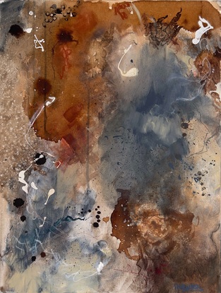 Abstract - Paynes grey and burnt umber hues with lots of mark making, visual texture , subtle and hard edges. 