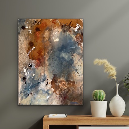 Abstract - Paynes grey and burnt umber hues with lots of mark making, visual texture , subtle and hard edges. 