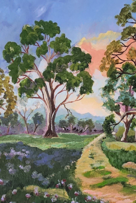 
Riverina Bushwalk is a delightful natural serene landscape painting, featuring a path leading into the distance, with colourful flowers in both cool and warm shades, Australian gum trees scattered around the landscape under a lively warm coral and blue sky.