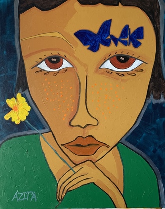 A girl sitting with a flower between her fingers and butterfly on her face