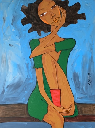 A girl with green dress sitting on a bench with her hand on her face