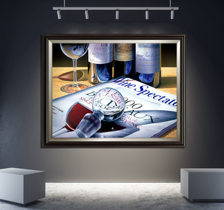 A painting of large famous wine bottles sitting next to the Wine Spectator Magazine they were featured .In my painting I wanted to use the reflective surfaces of a wine glass and that of the bottles as well as a decanter top which acts as a magnifier of the magazine it is upon. Created in hyper realism style in sharp focus enlarged  500  times original bottles .