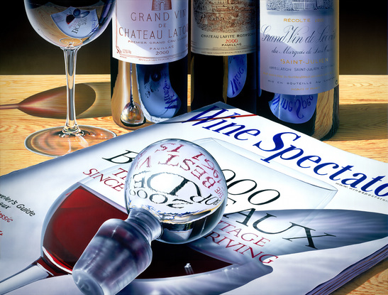 A painting of large famous wine bottles sitting next to the Wine Spectator Magazine they were featured .In my painting I wanted to use the reflective surfaces of a wine glass and that of the bottles as well as a decanter top which acts as a magnifier of the magazine it is upon. Created in hyper realism style in sharp focus enlarged  500  times original bottles .