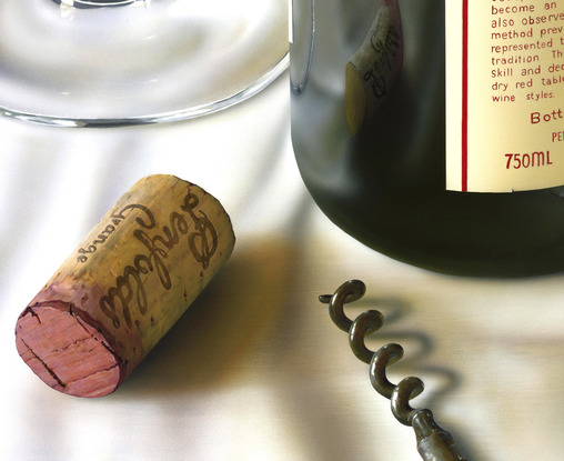 A 3' by 6' canvas of a huge bottle 1990 Penfolds Grange . Created in hyper realism style sharp and in focus enlarges a 500 times . There are two glasses  of red wine plus a cork and antique cork screw on a white table cloth. 