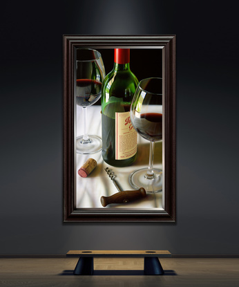 A 3' by 6' canvas of a huge bottle 1990 Penfolds Grange . Created in hyper realism style sharp and in focus enlarges a 500 times . There are two glasses  of red wine plus a cork and antique cork screw on a white table cloth. 