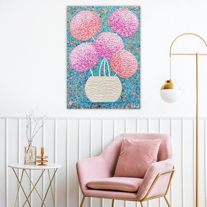 textured pink flowers in a textured vase