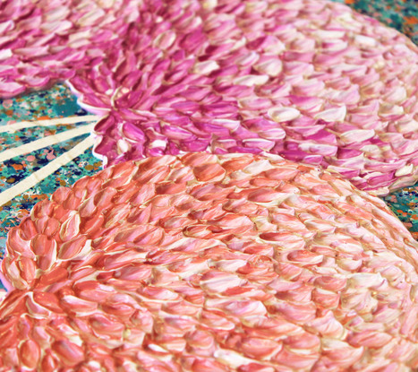 textured pink flowers in a textured vase