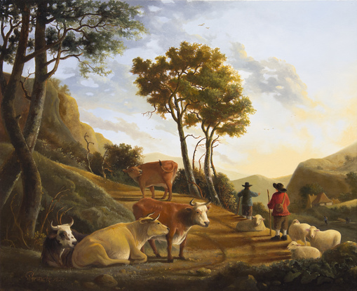 Mountain Landscape at Sunset with herdsmen driving cattle and sheep.