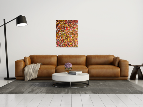 Dive into the Unique Universe of Aboriginal Art. This is a description of an original artwork that features acrylic painting on canvas, inspired by traditional Aboriginal medicine and the healing properties of eucalyptus leaves.