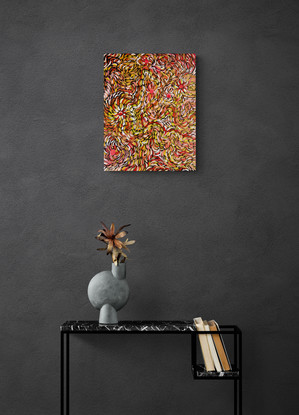 Dive into the Unique Universe of Aboriginal Art. This is a description of an original artwork that features acrylic painting on canvas, inspired by traditional Aboriginal medicine and the healing properties of eucalyptus leaves.