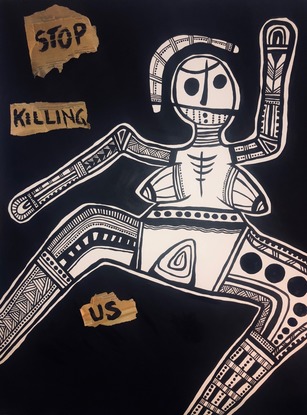 White, nude female form with ceremonial paint on a black background. The words: Stop killing us written on the painting. 