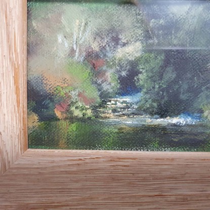 Small landscape oil painting of a silvery calm river with reflections of forest.