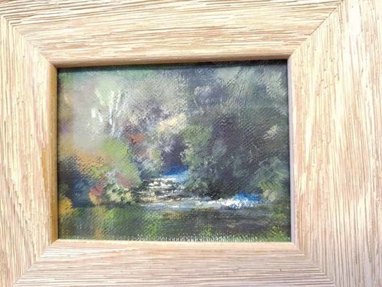 Small landscape oil painting of a silvery calm river with reflections of forest.