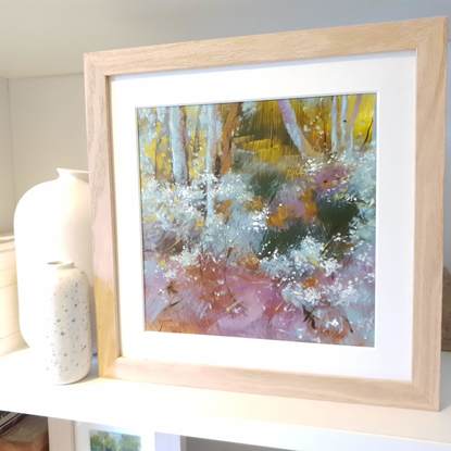 small original landscape painting in simple warm palette featuring white Australian wildblossoms. By Victoria Collins.