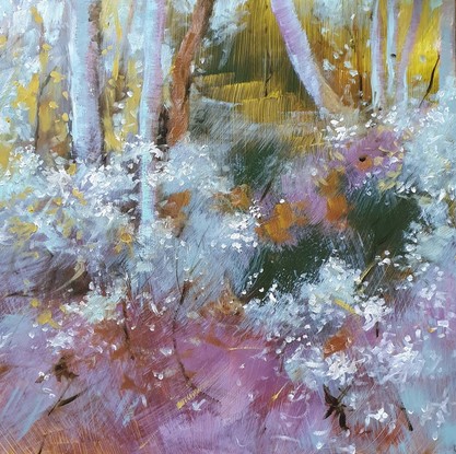 small original landscape painting in simple warm palette featuring white Australian wildblossoms. By Victoria Collins.