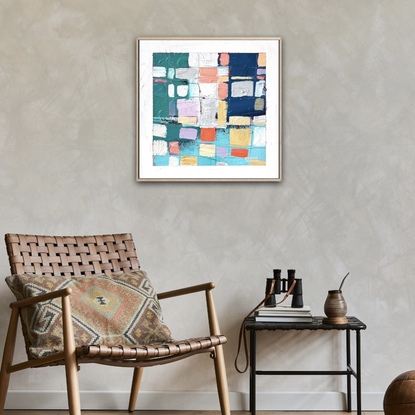 Abstract artwork with greens, pinks and white. Framed.