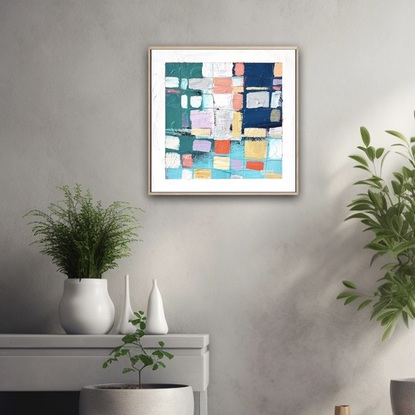 Abstract artwork with greens, pinks and white. Framed.