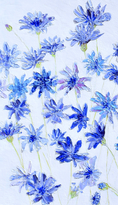 A thickly textured  blue floral painting of cornflowers on a pale grey background.