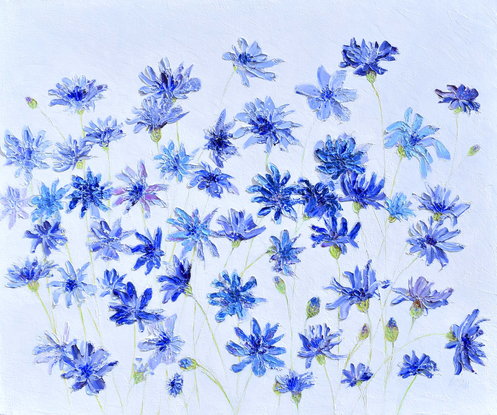 A thickly textured  blue floral painting of cornflowers on a pale grey background.