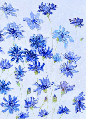 A thickly textured  blue floral painting of cornflowers on a pale grey background.