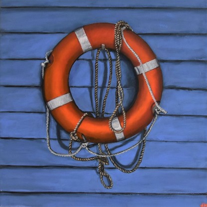 An orange buoy with drooping ropes hangs against a blue weatherboard wall  

This work will be on display at Bluethumb's Melbourne Gallery for the exhibition 'Rising Realism' from April 12th.