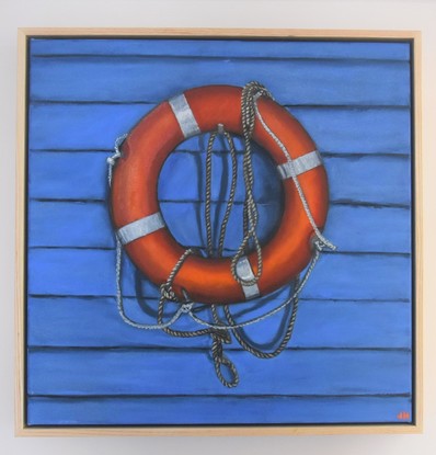 An orange buoy with drooping ropes hangs against a blue weatherboard wall  

This work will be on display at Bluethumb's Melbourne Gallery for the exhibition 'Rising Realism' from April 12th.