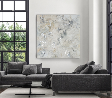 a large abstract landscape of sea sand in shades of beige, silver, gunmetal, silver leaf, pearl and white inspired by wild grass and sand dunes australian native and indigenous plants