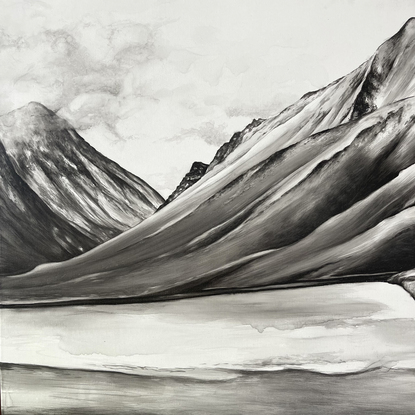 A landscape painting in black and white watercolour. a mountain top and valley with a hint of clouds at their peak. The lower foreground has watery rock forms that seem to blur as it gets closer. 