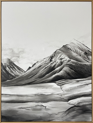 A landscape painting in black and white watercolour. a mountain top and valley with a hint of clouds at their peak. The lower foreground has watery rock forms that seem to blur as it gets closer. 