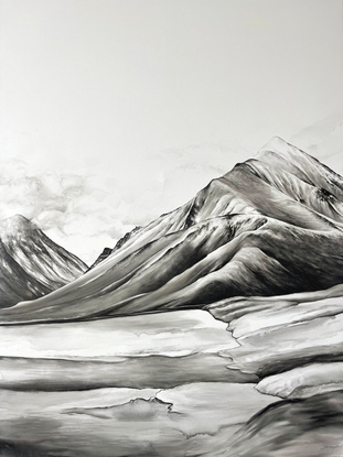 A landscape painting in black and white watercolour. a mountain top and valley with a hint of clouds at their peak. The lower foreground has watery rock forms that seem to blur as it gets closer. 