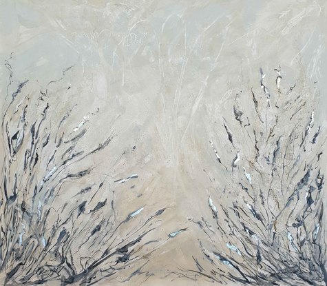 An abstract of wild grass and leaves in light grey, beige and white with silver leaf.  