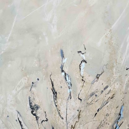 An abstract of wild grass and leaves in light grey, beige and white with silver leaf.  