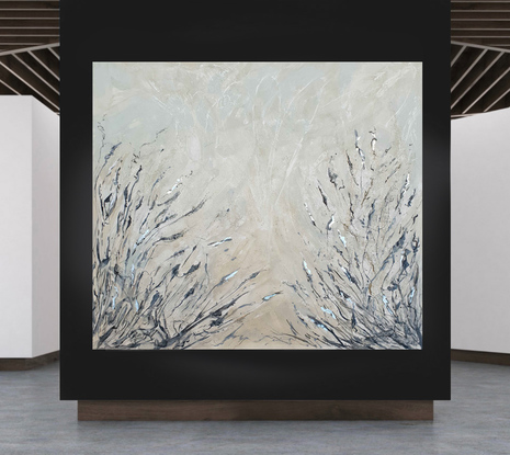 An abstract of wild grass and leaves in light grey, beige and white with silver leaf.  