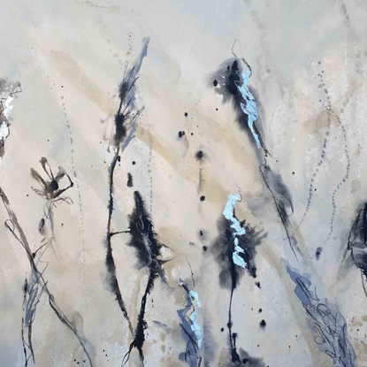 An abstract of wild grass and leaves in dark brown, beige and white with silver leaf.  