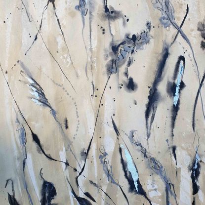 An abstract of wild grass and leaves in dark brown, beige and white with silver leaf.  