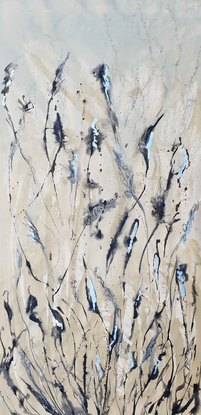 An abstract of wild grass and leaves in dark brown, beige and white with silver leaf.  