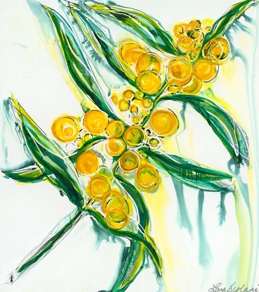 Wattle by Lara Scolari a dynamic image of green and gold celebrating Australia's symbolic flower.